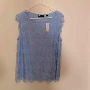 Baby blue lace, mixed media blouse for comfort and style-dress up or down.